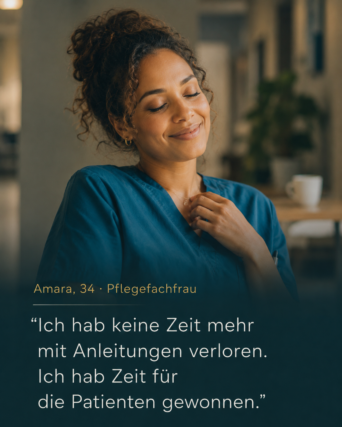 Amara, 34, Pflegefachfrau, wirkt erleichtert und souverän dank AI im Arbeitsalltag.